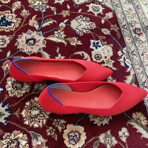 Rothy's Red Pointed Knit Flats with Blue Trim